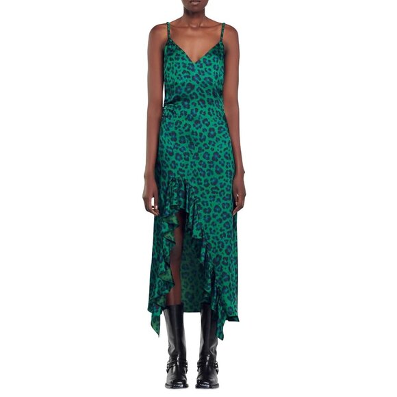 Sandro Amazonie Leopard Print Satin Midi Slip Dress Green Animal Print US 4 - Picture 1 of 16